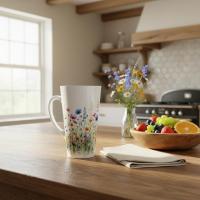 Set of 3 Cups, Floral, 17oz Latte Ceramic Mugs Set - Extra Tall Cup Set