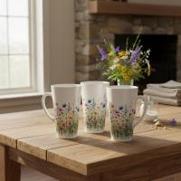 Set of 3 Cups, Floral, 17oz Latte Ceramic Mugs Set - Extra Tall Cup Set
