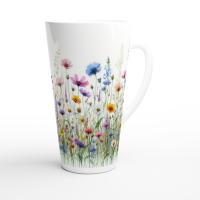 Set of 3 Cups, Floral, 17oz Latte Ceramic Mugs Set - Extra Tall Cup Set