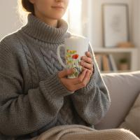 Set of 3 Cups, Floral, 17oz Latte Ceramic Mugs Set - Extra Tall Cup Set