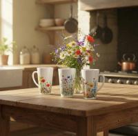Set of 3 Cups, Floral, 17oz Latte Ceramic Mugs Set - Extra Tall Cup Set
