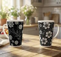Set of 3 Cups, Floral, 17oz Latte Ceramic Mugs Set - Extra Tall Cup Set