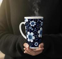 Set of 5 Cups, Floral, 17oz Latte Ceramic Mugs Set - Extra Tall Cup Set