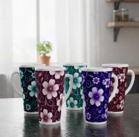 Set of 5 Cups, Floral, 17oz Latte Ceramic Mugs Set - Extra Tall Cup Set