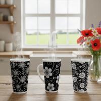 Set of 3 Cups, Floral, 17oz Latte Ceramic Mugs Set - Extra Tall Cup Set