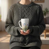 Set of 3 Cups, Floral, 17oz Latte Ceramic Mugs Set - Extra Tall Cup Set