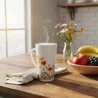 Set of 3 Cups, Floral, 17oz Latte Ceramic Mugs Set - Extra Tall Cup Set