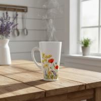 Set of 3 Cups, Floral, 17oz Latte Ceramic Mugs Set - Extra Tall Cup Set