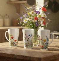 Set of 3 Cups, Floral, 17oz Latte Ceramic Mugs Set - Extra Tall Cup Set