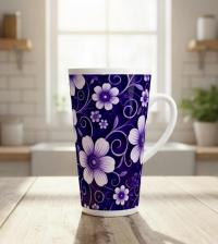 Set of 5 Cups, Floral, 17oz Latte Ceramic Mugs Set - Extra Tall Cup Set