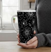 Set of 3 Cups, Floral, 17oz Latte Ceramic Mugs Set - Extra Tall Cup Set