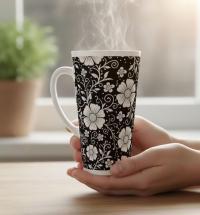 Set of 3 Cups, Floral, 17oz Latte Ceramic Mugs Set - Extra Tall Cup Set