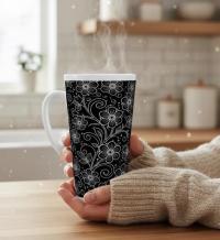 Set of 3 Cups, Floral, 17oz Latte Ceramic Mugs Set - Extra Tall Cup Set