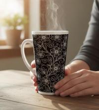 Set of 3 Cups, Floral, 17oz Latte Ceramic Mugs Set - Extra Tall Cup Set