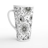 Set of 3 Cups, Floral, 17oz Latte Ceramic Mugs Set - Extra Tall Cup Set