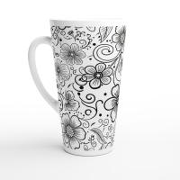 Set of 3 Cups, Floral, 17oz Latte Ceramic Mugs Set - Extra Tall Cup Set