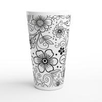 Set of 3 Cups, Floral, 17oz Latte Ceramic Mugs Set - Extra Tall Cup Set