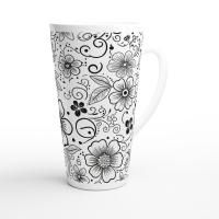 Set of 3 Cups, Floral, 17oz Latte Ceramic Mugs Set - Extra Tall Cup Set
