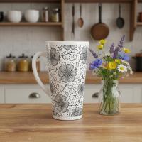 Set of 3 Cups, Floral, 17oz Latte Ceramic Mugs Set - Extra Tall Cup Set