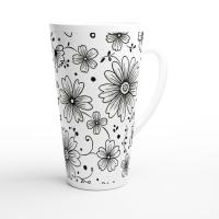 Set of 3 Cups, Floral, 17oz Latte Ceramic Mugs Set - Extra Tall Cup Set