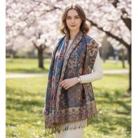 Aqua and Gold Pashmina Shawl & Scarf for Women, Jacquard Brocade, Shawl or Wrap