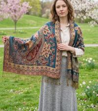 Aqua and Gold Pashmina Shawl & Scarf for Women, Jacquard Brocade, Shawl or Wrap