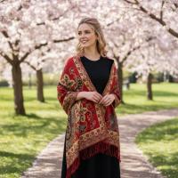 Red and Gold Pashmina Shawl & Scarf for Women, Jacquard Brocade, Stole or Wrap