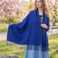 Blue Pashmina, Blanket Shawl - Lightweight Wide Scarf and Wrap