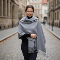 Grey Blanket Shawl - Thick Cashmere Wool Blend - Super Soft Wrap