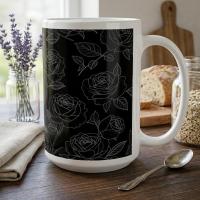 Roses, Dark Floral Large and Small Cups, 11oz and 15oz Ceramic Mug Set