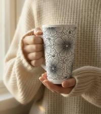 Set of 3 Cups, Floral, 17oz Latte Ceramic Mugs Set - Extra Tall Cup Set