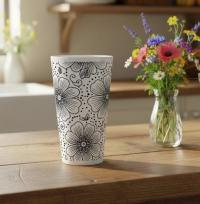 Set of 3 Cups, Floral, 17oz Latte Ceramic Mugs Set - Extra Tall Cup Set