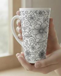 Set of 3 Cups, Floral, 17oz Latte Ceramic Mugs Set - Extra Tall Cup Set