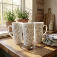 Set of 3 Cups, Floral, 17oz Latte Ceramic Mugs Set - Extra Tall Cup Set