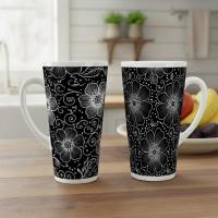 Set of 3 Cups, Floral, 17oz Latte Ceramic Mugs Set - Extra Tall Cup Set