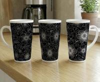 Set of 3 Cups, Floral, 17oz Latte Ceramic Mugs Set - Extra Tall Cup Set