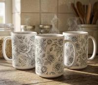 Set of Big Mugs, Floral Cup Set, Large 15 oz Matching Cups