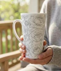 Set of 3 Cups, Floral, 17oz Latte Ceramic Mugs Set - Extra Tall Cup Set