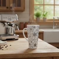 Set of 3 Cups, Floral, 17oz Latte Ceramic Mugs Set - Extra Tall Cup Set