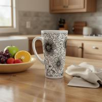 Set of 3 Cups, Floral, 17oz Latte Ceramic Mugs Set - Extra Tall Cup Set