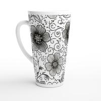 Set of 3 Cups, Floral, 17oz Latte Ceramic Mugs Set - Extra Tall Cup Set
