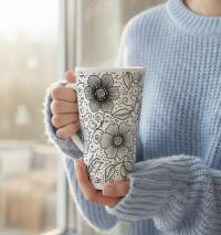 Set of 3 Cups, Floral, 17oz Latte Ceramic Mugs Set - Extra Tall Cup Set