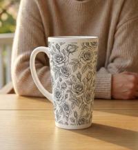 Set of 3 Cups, Floral, 17oz Latte Ceramic Mugs Set - Extra Tall Cup Set
