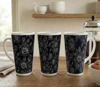 Set of 3 Cups, Floral, 17oz Latte Ceramic Mugs Set - Extra Tall Cup Set