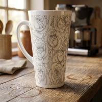 Set of 3 Cups, Floral, 17oz Latte Ceramic Mugs Set - Extra Tall Cup Set