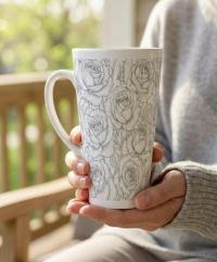 Set of 3 Cups, Floral, 17oz Latte Ceramic Mugs Set - Extra Tall Cup Set