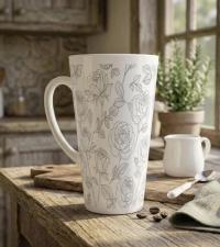 Set of 3 Cups, Floral, 17oz Latte Ceramic Mugs Set - Extra Tall Cup Set