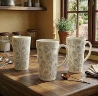 Set of 3 Cups, Floral, 17oz Latte Ceramic Mugs Set - Extra Tall Cup Set