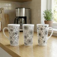 Set of 3 Cups, Floral, 17oz Latte Ceramic Mugs Set - Extra Tall Cup Set