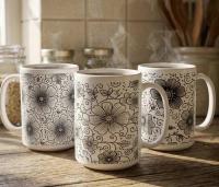 Set of Big Mugs, Floral Cup Set, Large 15 oz Matching Cups